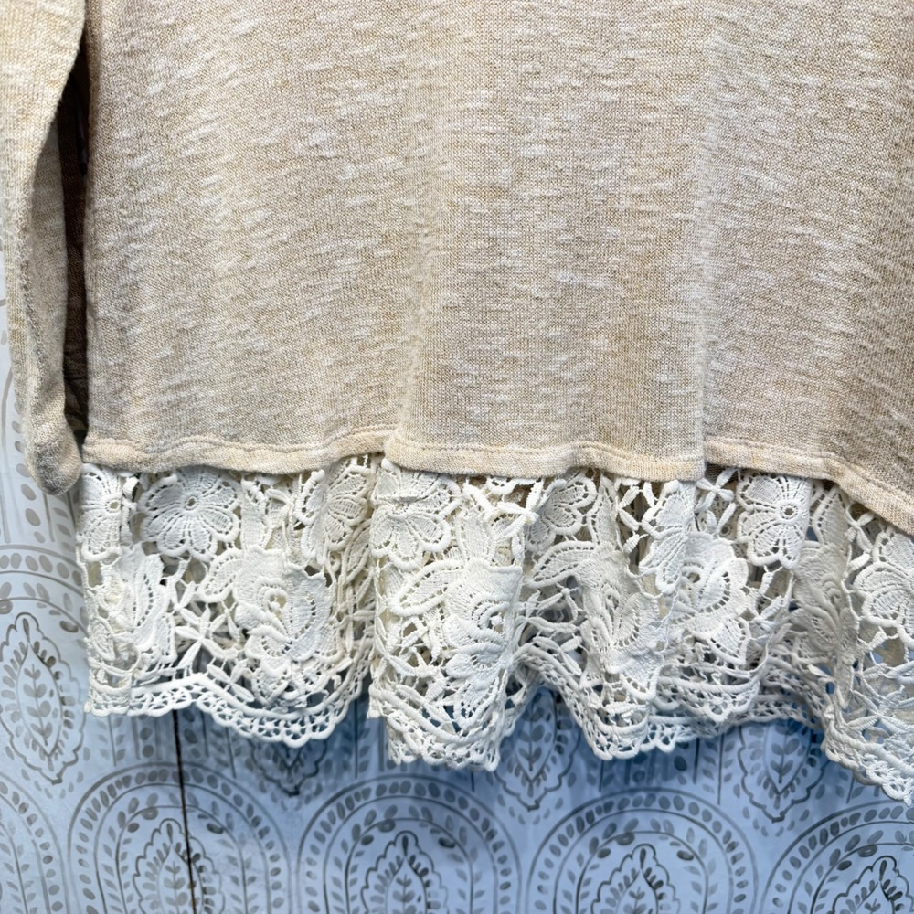 Maurices Crochet Lace Trim Top Womens XL Tan Marled Knit Long Sleeve Boho - Picture 5 of 6